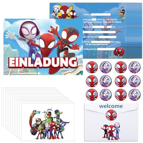Oirigaga Einladungskarten Kindergeburtstag, 12 Stück Kinder Geburtstag Einladungen auf Deutsch, Partyeinladungen Set mit Umschlägen und Runden Aufklebern, Cartoon-Spidey Einladung für Jungen Mädchen
