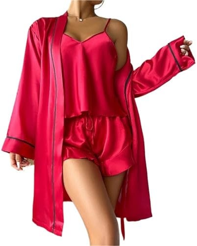 QAZWZG Women'S Cotton Pyjama Set Ice Silk Pajamas, Women's Camisole Shorts, Three Piece Nightgown Set, Comfortable For All Seasons Women's Summer Pyjamas Set(Red,L)