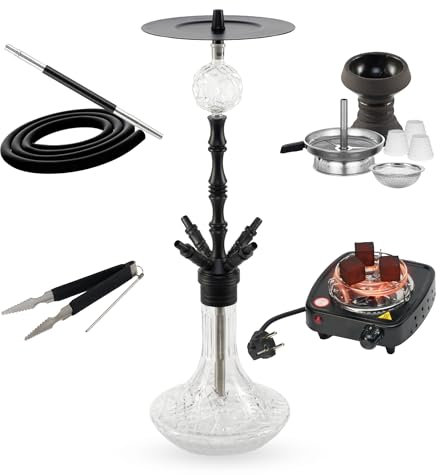 Cachimba Praedo Negra 72 cm 4 Personas con Hornillo 500W | Set Completo con Cazoleta de Piedra, Chimenea, Molasses Catcher, 1 Manguera, 1 Boquilla, Pinza, Base de Vidrio