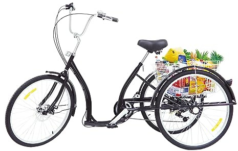 XUEMANSHOP 26 tum 3 hjul cykel cykel, 6-växlad trehjuling för vuxna med grönsakskorg, justerbar höjd 84–96 cm, vuxenhjul, för vuxna, äldre