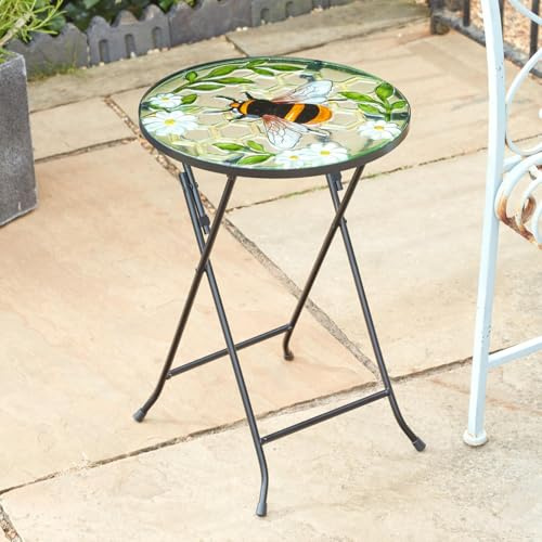 Bee Table - 50 cm Round Hand-Painted Glass Table with Bee Design, Folding Metal Legs, Indoor/Outdoor Use, Decorative and Functional, Ideal for Patios, Balconies, and Conservatories, Easy to Store
