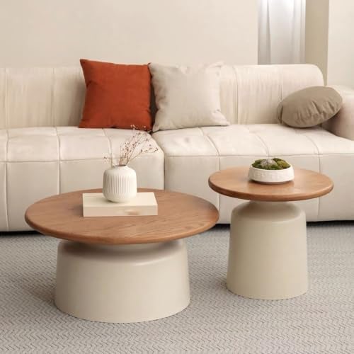 SOFACHEN Table Basse Ronde en Bois Massif, Lot de 2 Tables d'appoint avec Pieds épais, utilisables Individuellement ou combinées, Tables centrales pour Salon et Balcon(Beige)