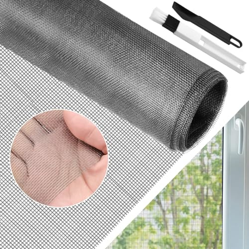 BUZIFU Fliegengitter Meterware, Fiberglas-Fliegengitter Gewebe,130x 450 cm, Insektenschutz Gaze Fenster Mesh mit Fensterputzbürste, Schutz gegen Mücken, UV-beständig für Fenster und Türen (grau)