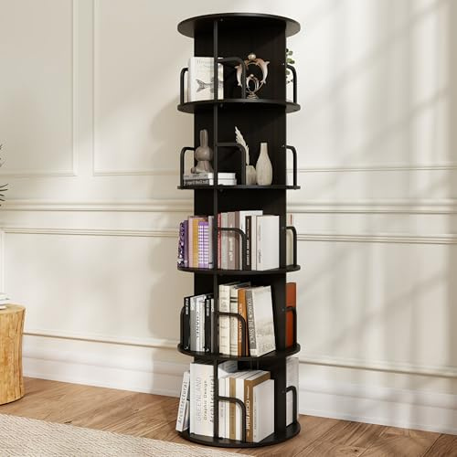 Manora 5 Ebenen Drehbares Bücherregal Schwarz 156 cm Hoch, Rundes Stehregal mit Mittelscheibe, 360° Drehbar E1-Holz Metall für Wohnzimmer Home-Office Anti-Kippschutz