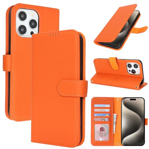 Zouzt Leather Wallet Case for iPhone 15 Pro Max (6.7), 4 Card Slot, Orange | Genuine Leather, Card Holder, Shockproof TPU Shell, Magnetic Closure, Protective Flip Folio Phone Cover, For Women Men