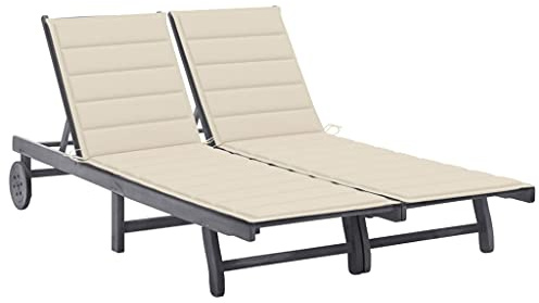 HaoChrymec 2-Personen-Sonnenliege mit Auflage Grau, Akazien-Massivholz, Verstellbare Rückenlehne, Liegestuhl Garten, Strand Liege, Camping Liegestuhl, Outdoor Liege, 200 x 118/123 x 30/62/76/85 cm