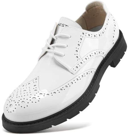 SDEQA Scarpe da Golf da Uomo in Pelle Impermeabili con 9 Chiodi, Scarpe Sportive Casual Antiscivolo,Bianca,47 EU