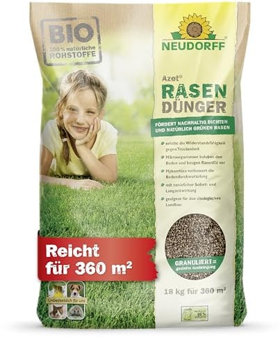 Neudorff Azet RasenDünger für 360 m² mit 6 Monaten Langzeitwirkung - Optimal für Sommer und Frühjahr - Für eine dichte, grüne und strapazierfähige Rasenfläche, 18 kg