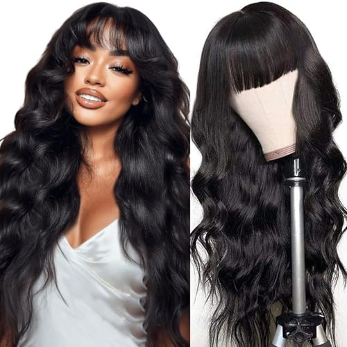Junemet 18 Pouces 2x4 Body Wave Perruque Sans Colle Frange Cheveux Humain | Perruque Femme Naturelle Glueless Lace Front Wig with Bangs Femme Brésilien for Women Friendly for Beginner Couleur Naturelle
