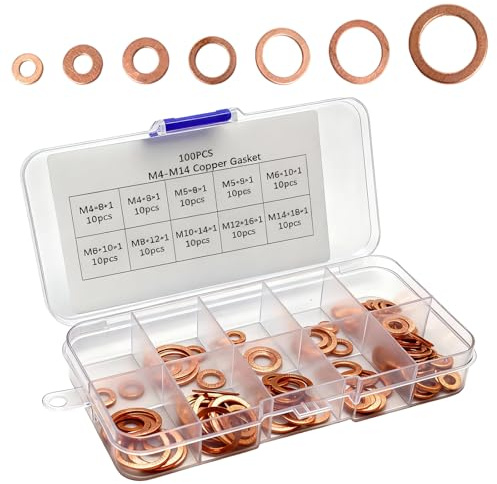 YFaith 100 Stück Kupferringe Sortiment, Kupfer Ölablassschraube Dichtung, Kupferdichtringe Sortiment M4/M5/M6/M8/M10/M12/M14, Unterlegscheiben Set, für Ablassschraube, Kraftstoffzubehör