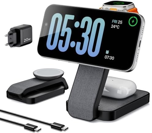 Eazpower Magsafe Ladestation für Apple Watch und iPhone 3 In 1 Faltbare | Magsafe Ladegerät Apple Ladestation mit Nachtlicht für Unterwegs iPhone 17~12, Apple Watch 11~2, AirPods - Schwarz