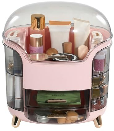 Qivange Makeup Storage Organiser with Clear Lid Dustproof Waterproof Large Capacity Makeup Storage Skincare Organiser Drawers Beauty Holder Cosmetic Box for Bathroom Dressing Table 30x20x34cm(pink)