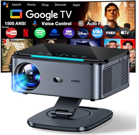 Videoprojecteur【1500 ANSI/Auto Focus/360° Rotation】 XIWBSY Projecteur Video Google TV/Contrôle Vocal, WiFi 6 Bluetooth, Retroprojecteur 4K Supporté 38000 Lumen, Projector Home Cinéma/Extérieur