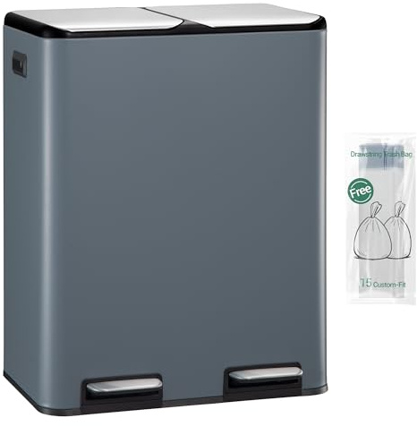 Hzuaneri Kitchen Bin, (2 x 30L) 60L Recycling Bins, Pedal Bin with Lid | Stainless Steel Kitchen Bins Recycling and Waste, Silent Slow-Down Closing Lid, With 15 Exclusive Trash Bags, Grey SW06099G