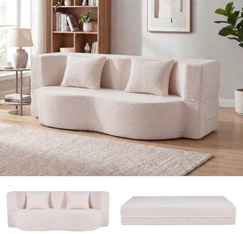 COSTWAY Schlafsofa, Boneless Sofa Bett mit 2 Bequemen Kissen & Memory Schaum, Teddy-Fleece Bodensofa mit Schlaffunktion, Schlafcouch für Wohnzimmer, Gästezimmer (Beige)