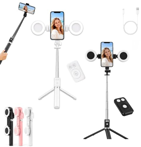 Bastone per selfie 6 in 1 con luce di riempimento, selfie con tracciamento automatico del viso, treppiedi con telecomando, 6 in 1 wireless Bluetooth Selfies stick per iPhone, Samsung Android, bianco +