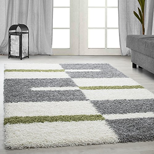 Carpetsale24 Hochflor Teppich 140 x 200 cm Grün-Grau – Weicher Shaggy Flokati im Karierten Design – Vielseitiger Bodenteppich für Wohnzimmer, Schlafzimmer oder Gästezimmer – Pflegeleicht