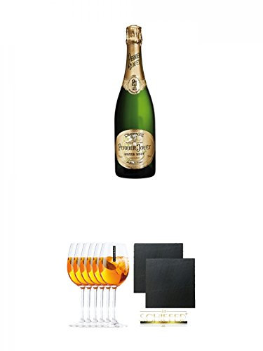 Perrier Jouet Grand Brut Champagner 0,75 Liter + Scavi & Ray Prosecco Sprizzione (kein Grünstich) Rastal Glas 6 Stück + Schiefer Glasuntersetzer eckig ca. 9,5 cm Ø 2 Stück