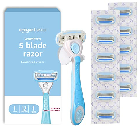 Amazon Basics 5-Blade Razor Handle for Women, Includes 12 Cartridges and Shower Hanger, 14 Piece Set, Blue