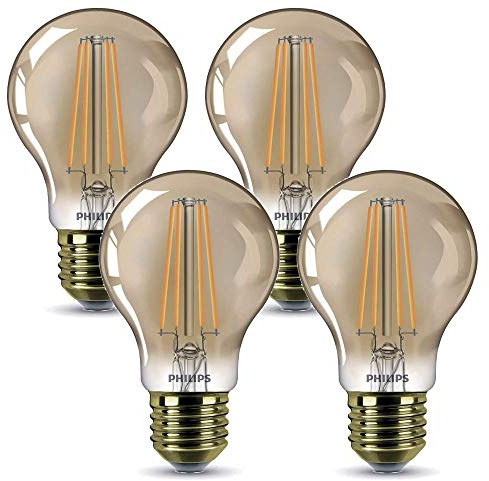 Replacement for Philips E27 LED Decorative Lamp Gold Vintage Retro Design 7.5 Watt Replaces 48 Watt Flame 2000 Kelvin Dimmable Pack of 4
