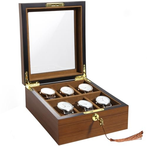 Uten Uhrenbox Holz für 6 Uhren, Uhrenkasten mit Schlüssel,Weiche Kissen & goldenes Schloss, Große Kapazität, Uhrenkoffer als Geschenkidee für Herren und Damen