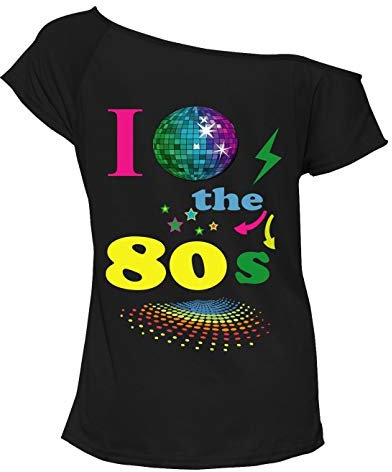 Crazy Girls Women's Ladies Multi Colour I Love The 80s Fancy Dress Hen Party Retro T-Shirt Top (16-18, Black-Retro)