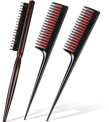 Patelai 3 Pcs Hair Teasing Comb Set Includes 2 Nylon Triple Comb and Boar Bristle Teaser Brushes for Women Stylist Men Backcombing Slicking Curly Thick Wet Hair(Black)