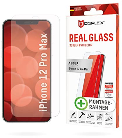 Displex Panzerglas 2D/ Clear (10H) für Apple iPhone 12 Pro Max, Montagerahmen, Tempered Glas, kratzer-resistente Schutzfolie, hüllenfreundlich