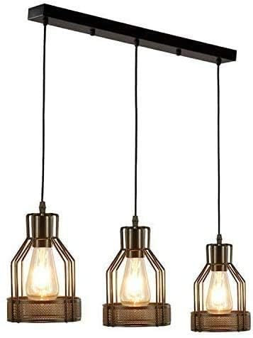 DC VOLTAGE 3 Head Bird Cage 24cm Brushed Copper Metal Pendant Light Industrial E27 95cm Height Adjustable Ceiling Hanging Lamp for Kitchen, Dining Room Living Room