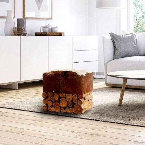 Möbel Bressmer Design Hocker Teakholz Baron mit Ziegenfell Braun/weiß | Fußhocker 35 x 35 x Höhe 45 cm | Beistellhocker Lederhocker Sitzhocker im Vintage Look
