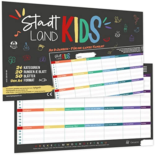bigdaygraphix Stadt Land Kids I DIE originelle Stadt Land Fluss Kinder-Edition für die Familie I 50 Blatt A4 I XXL Familienspiel auf Reisen I im Urlaub
