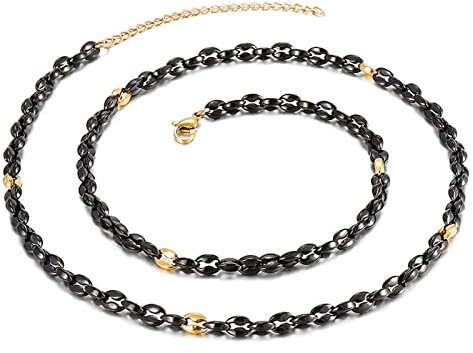 WHOIY Halskette in Edelstahl, Bohnenkette Punk Modeschmuck Hochwertig und Handgearbeitet, 64cm Länge, 5mm Breite, Schwarz Gold