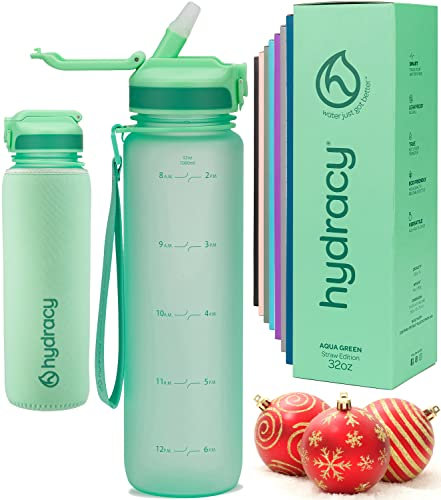 Hydracy Gourde d'Eau 1L sans BPA, Bouteille avec Marqueur de Temps, Paille et Verrouillage Sécurisé - Housse en Néoprène, Étanche, Anti-Fuite, Réutilisable, Légère - Idéal pour Sport, École, Travail