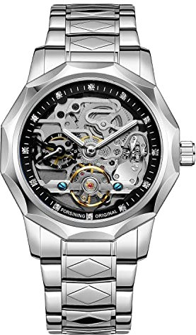BOLYTE Armbanduhr Herren Analog Automatik Edelstahl Mechanische Skelett Männer Uhr Glas Rückseite,8240-silber, Schwarz