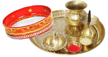 LAKSHMI'S EAGLE Pooja Thali Set Of 7 Pcs Indian Decorative Puja Items Aarti Plate For Temple, Wedding Home Décor Karwachauth Thali Set Brass Tika Thali Diwali Decoration Gifts