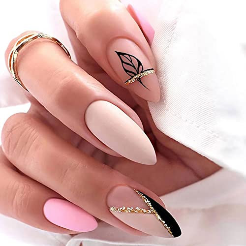 Ceboic Mandel Kurz Falsche Nägel, 24 Stück French Matt Nude Press on Nails Mandel Nägel zum Aufkleben, Glossy Acryl Fingernägel Fake Nails für Frauen und Mädchen