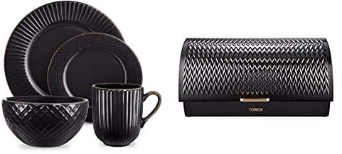 Tower T867002BLK Empire 16 Piece Dinnerware Set, Stoneware, Black and Brass & T826090BLK Empire Roll Top Bread Bin, Stainless Steel, Black and Brass, One Size
