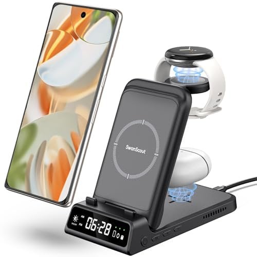 SwanScout 703G Faltbare Induktive Ladestation für Google Pixel Watch 1st, 4 in 1 Kabelloser Ladegerät für Google Pixel 9 Pro/9 Pro XL/9/8a/8 Pro/8/7A/7/7 Pro/6/6 Pro/5/4/XL, Pixel Buds Pro