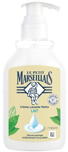 Le Petit Marseillais | Crème Lavante Mains Lait (flacon-pompe de 300 ml) – Savon mains liquide fabriqué à partir de lait végétal – 92 % d'origine naturelle et pH neutre pour la peau