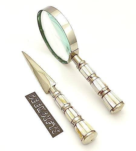 Lupen- und Brieföffner-Set – Perlmutt Handlupe & Brieföffner – Steampunk Retro Geschenk & Dekor (Silber)