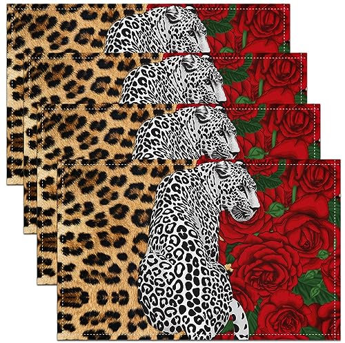 Rote Rose Tischsets 45Wx30L Satz 4,Leopard Print Platzmatten,Afrika Safari Geparden Tischmatten für Esstisch,Valentinstag Romantische Blüten Mahlzeit Matten für Frauen Paar Liebhaber Wipeable