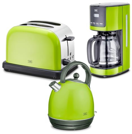 KHG Frühstücksset Wasserkocher, Toaster & Kaffeemaschine Lime-Grün, Kessel-Kocher 1,7 Liter, 360° Sockel, Kalkfilter, 2 Toastscheiben, 6 Röststufen, Funktionstasten, 12 Tassen, LCD-Display mit Timer