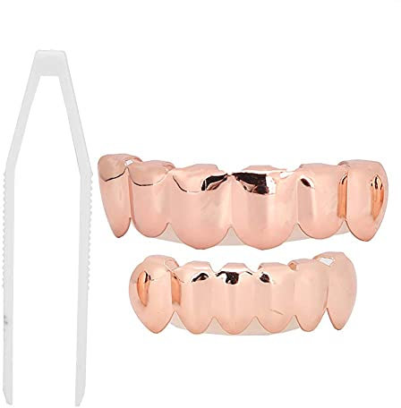 Grills für Zähne Zähne für Männer Frauen, Hip Hop Grills Dekoration Glänzende Zähne Zubehör Dekoration für Halloween Party (Anzug aus glänzendem Roségold