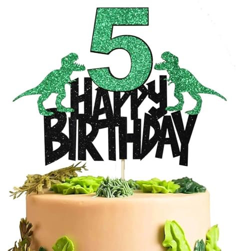 Dinosaur Party Cake Toppers for Boys' 5th Birthday - Cartoon Themed Dinosaur & Happy Birthday Cake Toppers