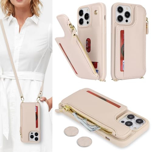 SailorTech Handyhülle für iPhone 14 Pro Etui mit Kartenfach, iPhone 14 Pro Hülle mit Verstellbarer Halskette, iPhone 14 Pro Handytasche mit Reißverschluss Geldbörse - Aprikose