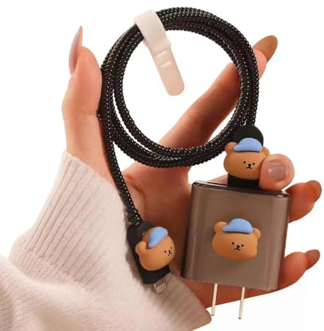 Yivenbarity Kawaii Bear Cable Protector Compatible with iPhone Charger,Cute Cartoon Pattern 3D Design for Women Girl,Soft Charging Cord Protector Data Cable Saver for iPad 18W/20W Charger(Black)