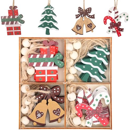 Belle Vous Wooden Christmas Tree Hanging Decoration Set (24 Pack) - White, Red and Green Xmas-Themed Wood Ornaments - Trees, Gifts, Bells and Canes