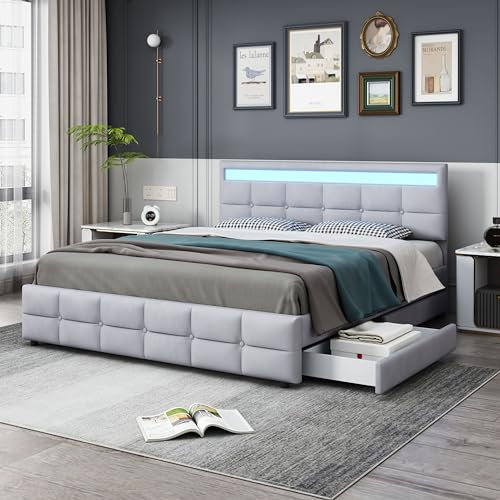 NQSLDM Polsterbett 180 x 200 cm mit 4 Schubladen und Verstellbares Kopfteil, Doppelbett Stauraumbett mit Lattenrost und LED, Bettgestell aus Metallrahmen, Samtstoff, Ohne Matratze, Grau