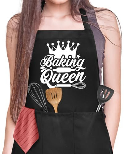 Jiusely Funny Baking Apron for Women, Baking Queen Cooking Apron with 3 Pockets, Unisex Waterproof Kitchen Apron for Baker,