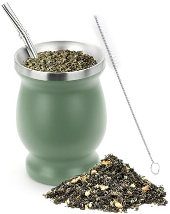 STOUCLA Tazza Mate,set di tazze per tè Mate, tazza in acciaio inossidabile, con cannuccia Mate e spazzola per la pulizia, per il tè Mate, mantiene il calore a lungo ed è facile da pulire (verde)